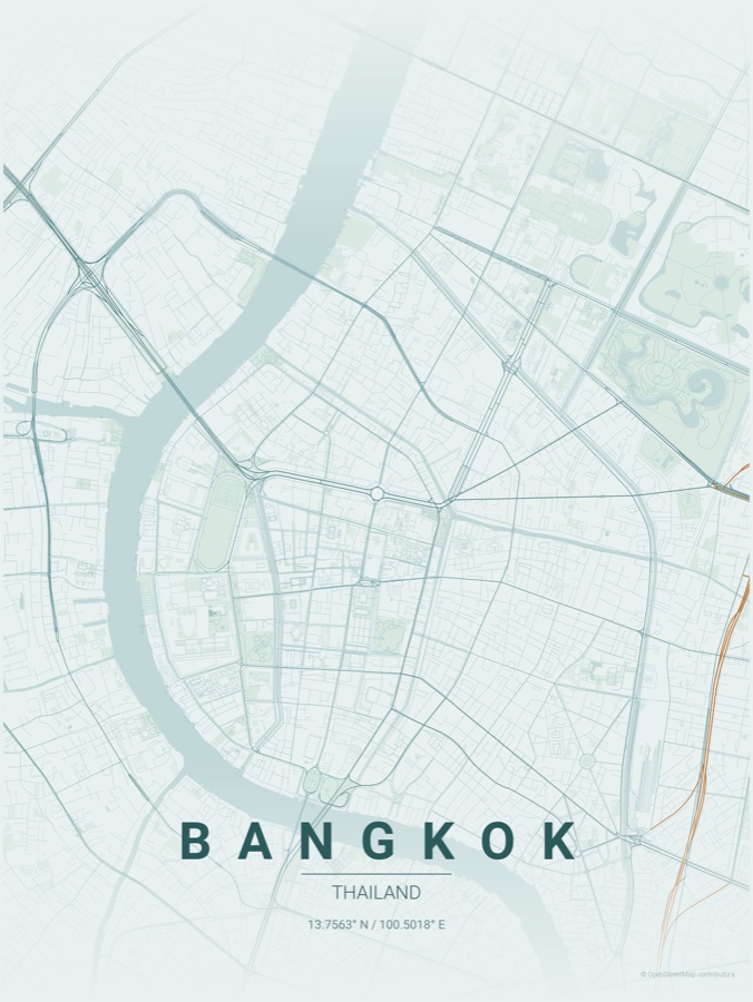 Bangkok map poster in the Copper Patina theme
