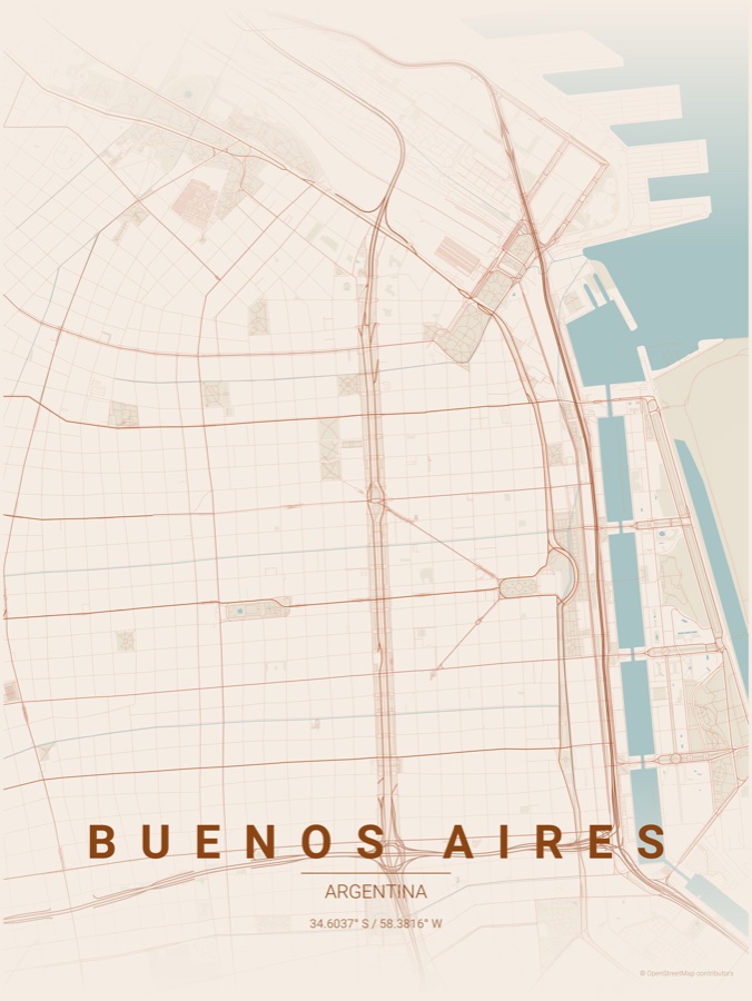 Buenos Aires map poster in the Terracotta theme