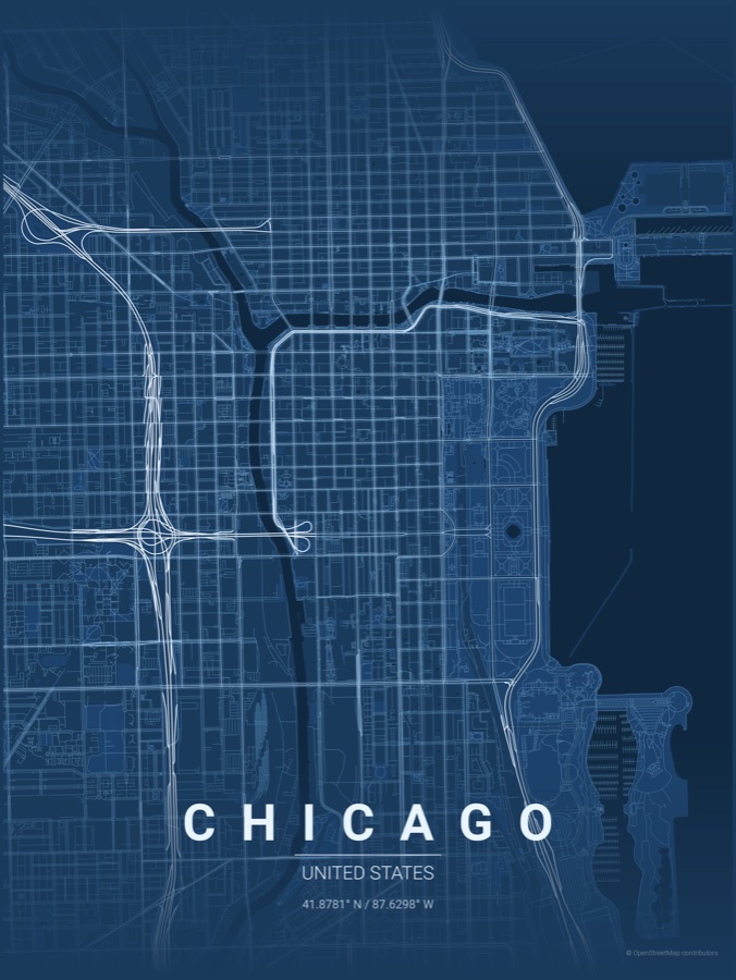 Chicago map poster in the Blueprint theme