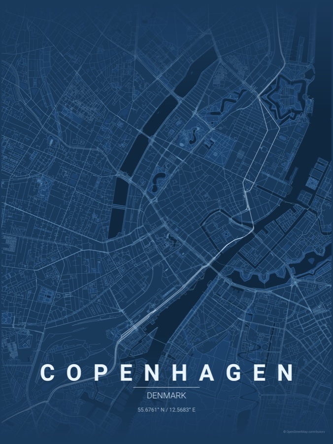 Copenhagen map poster in the Blueprint theme