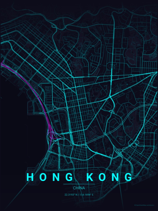 Hong Kong map poster in the Neon Cyberpunk theme
