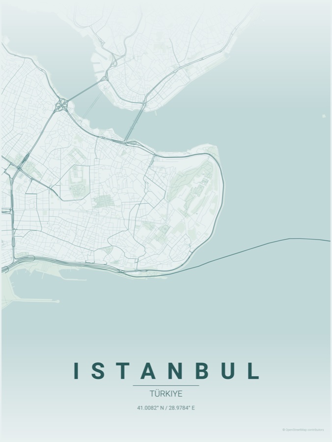 Istanbul map poster in the Copper Patina theme