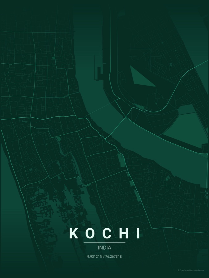 Kochi map poster in the Emerald City theme