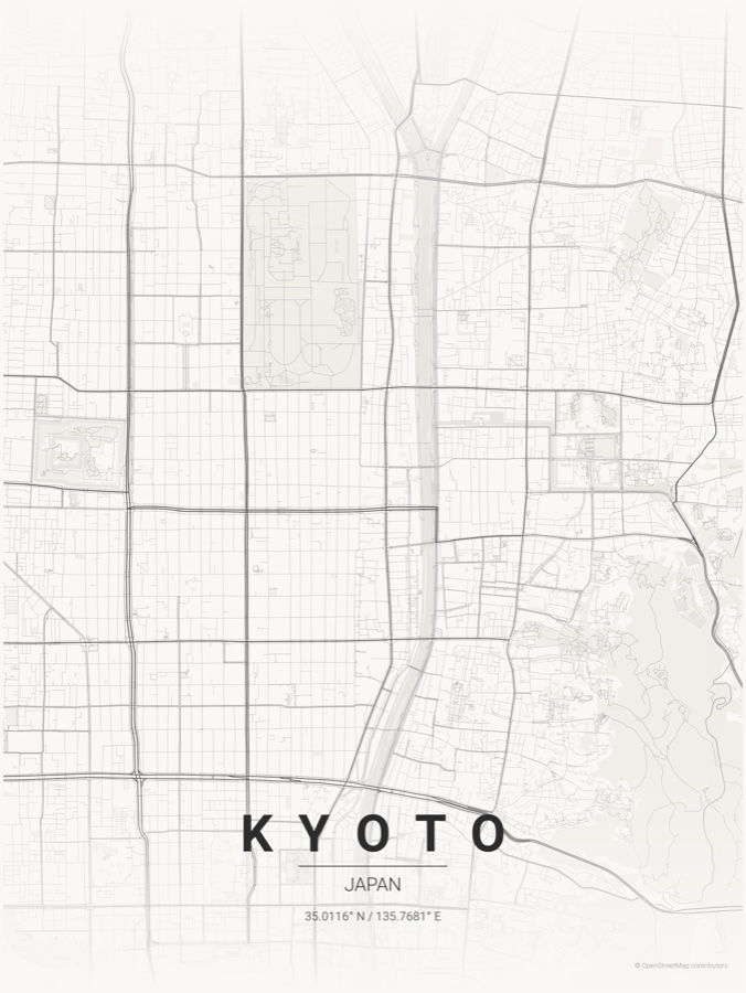 Kyoto map poster in the Japanese Ink theme