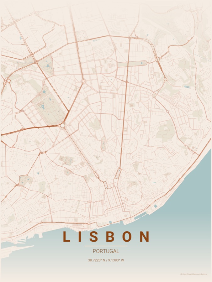 Lisbon map poster in the Terracotta theme