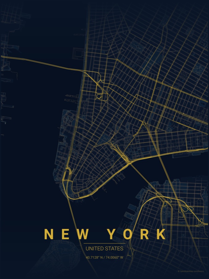 New York map poster in the Midnight Blue theme