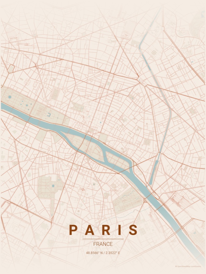 Paris map poster in the Terracotta theme