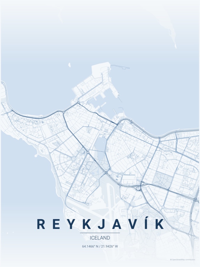 Reykjavík map poster in the Monochrome Blue theme