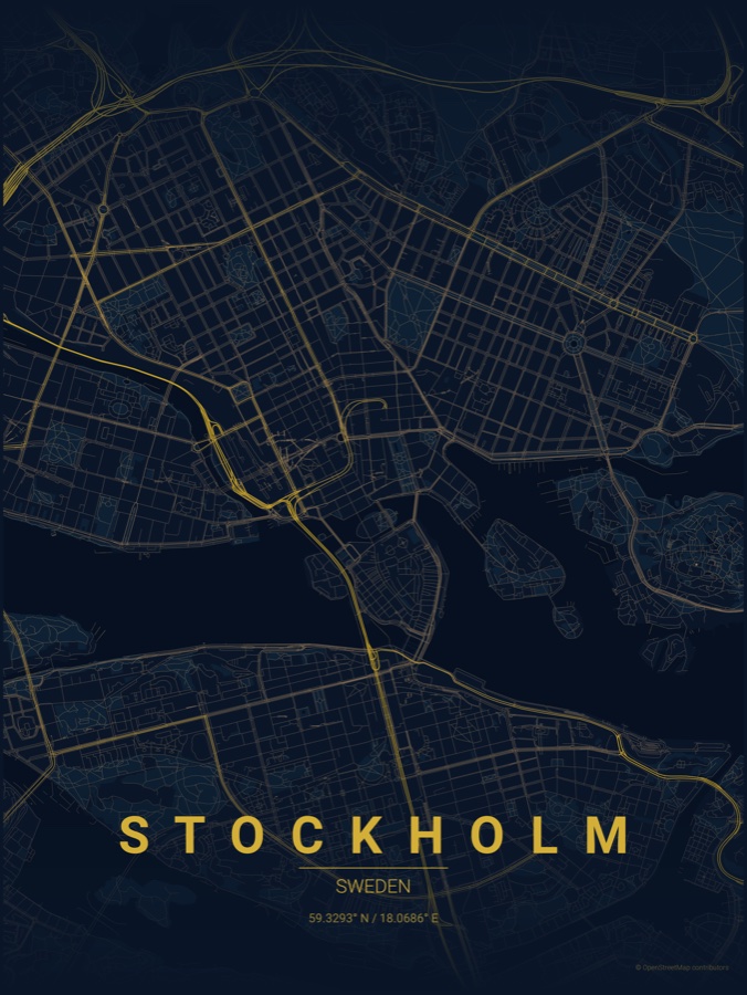 Stockholm map poster in the Midnight Blue theme