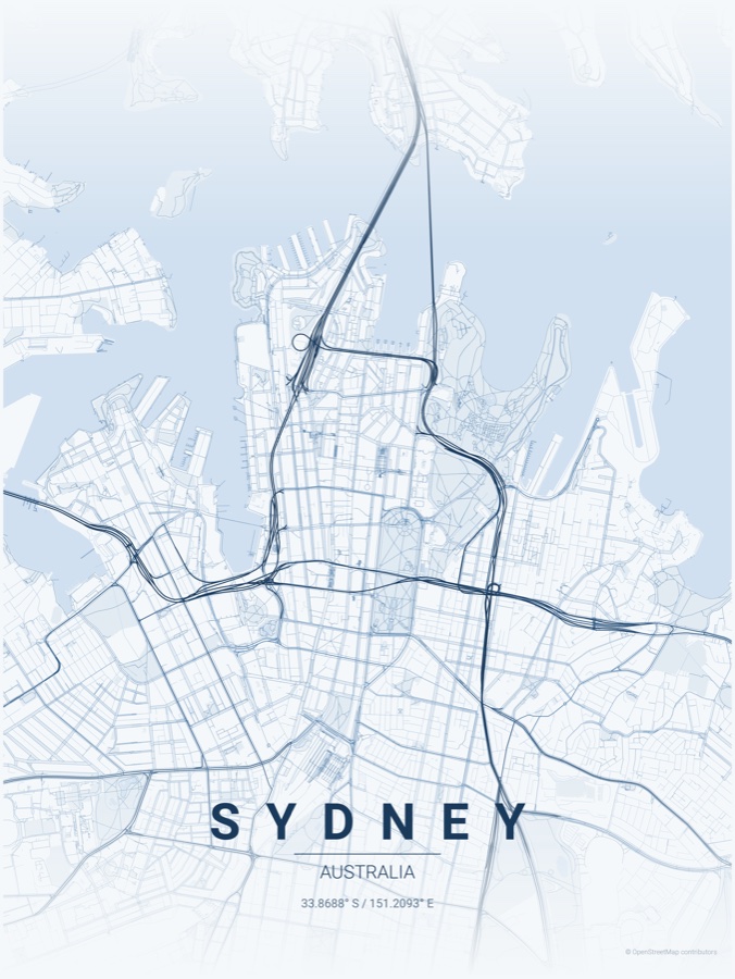 Sydney map poster in the Monochrome Blue theme