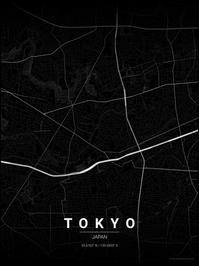 Tokyo map poster in the Noir theme