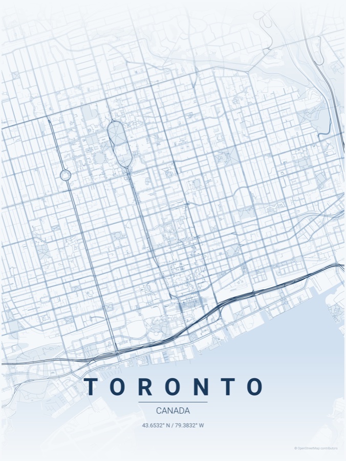 Toronto map poster in the Monochrome Blue theme
